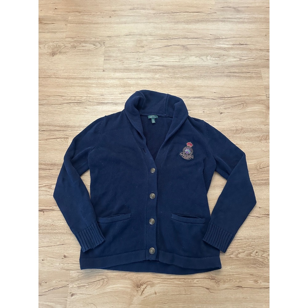 Lauren Ralph Lauren Navy Blue Crest Shawl Collar Cotton Cardigan XL Womens